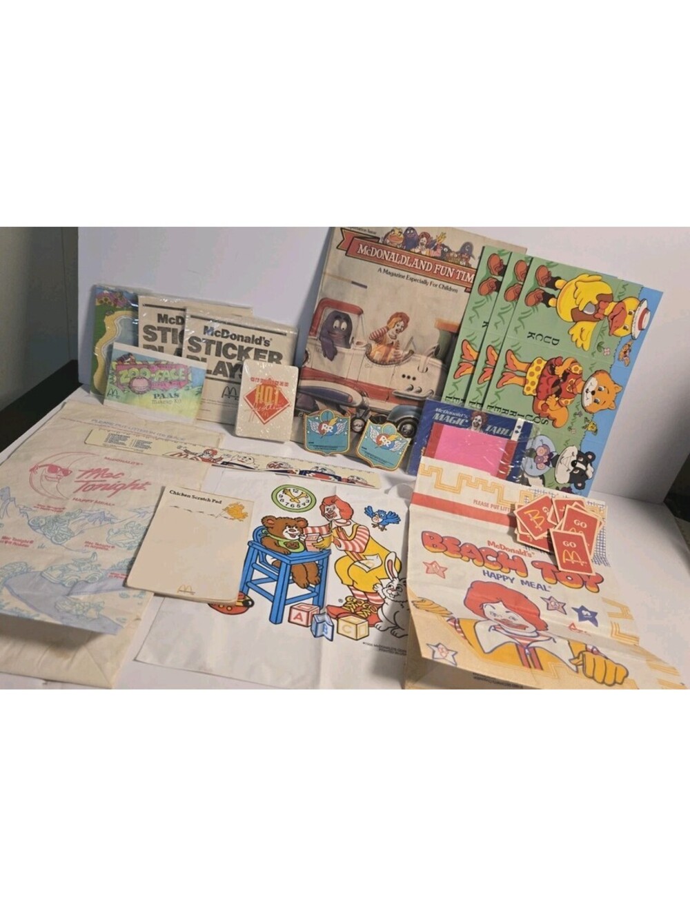 Vintage Mcdonalds Ephemera Lot Happy Meal Bags, Magazine, Toy, Ruler, Cards